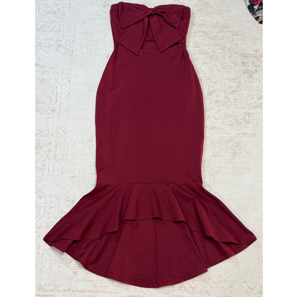 VICI Burgundy Strapless Bow Front Cutout Mermaid Ruffle High Low Dress Medium